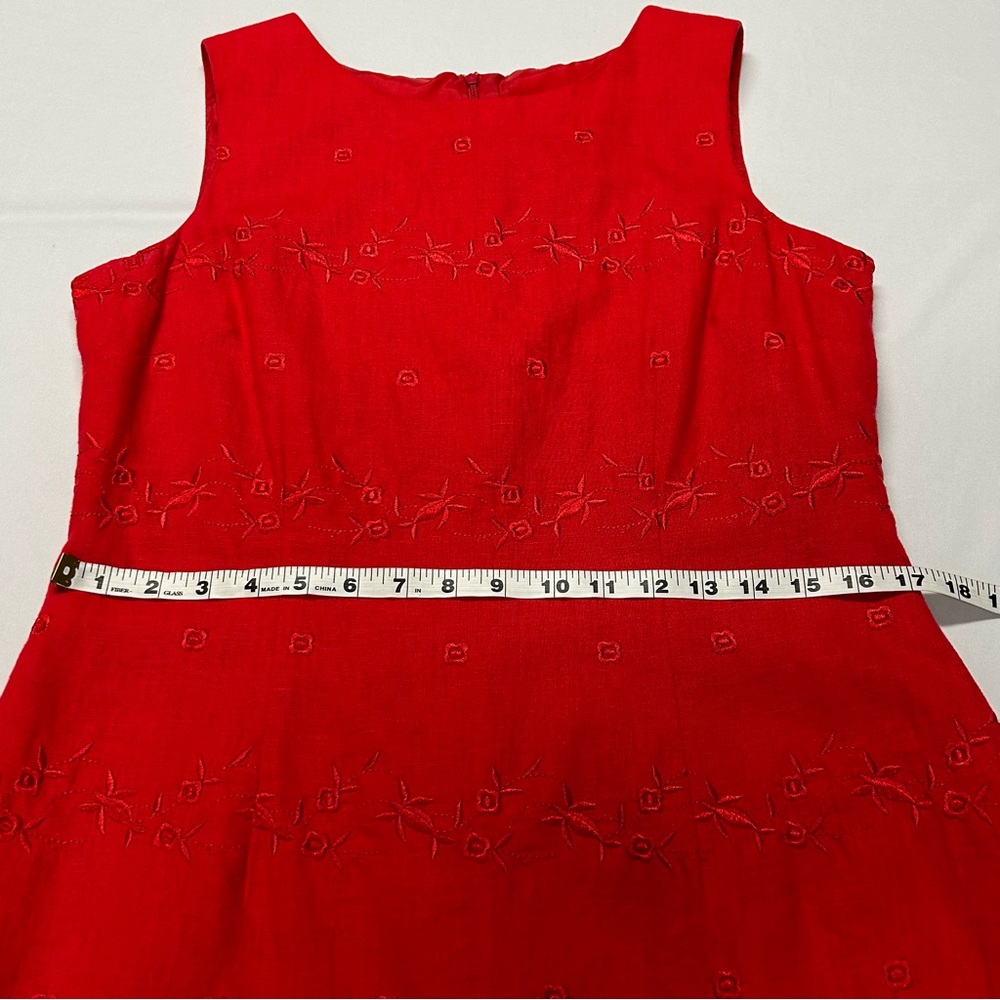 Vintage Linen Blend Midi Dress Sz 12 Sleeveless Floral Embroidery Romantic Red - Picture 9 of 11